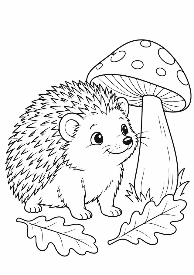 Hérisson et champignon : dessin en noir et blanc à colorier