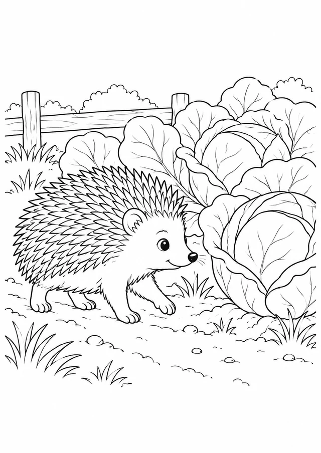 Hérisson au potager : dessin en noir et blanc à colorier