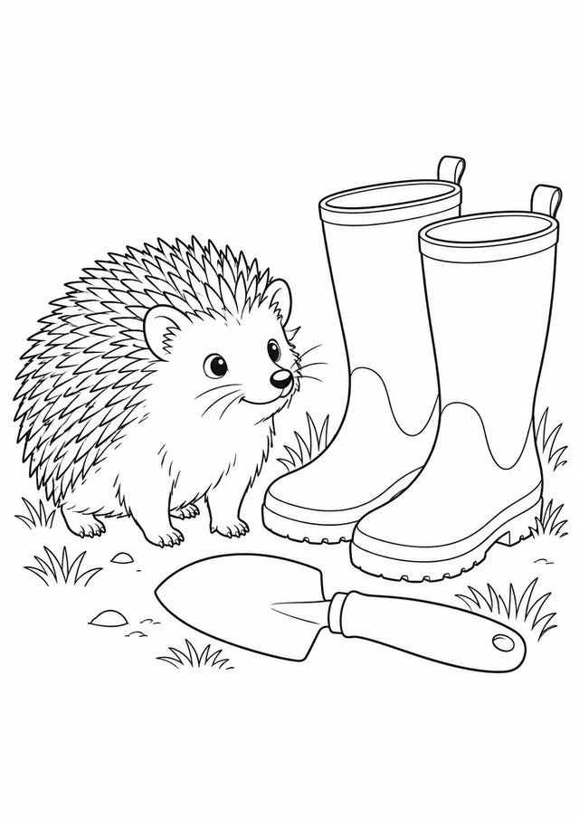 Hérisson et bottes : dessin en noir et blanc à colorier
