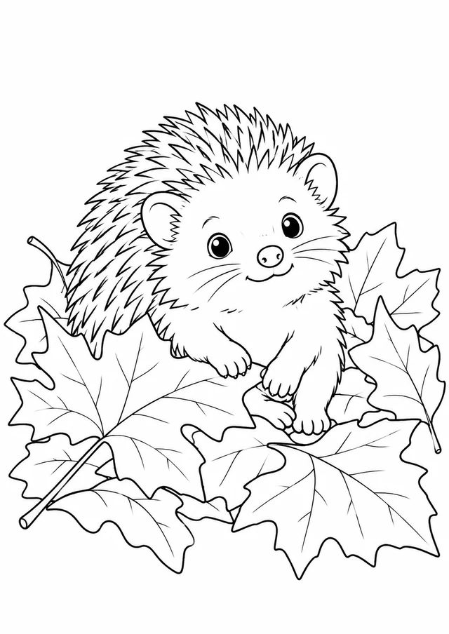 Hérisson au tas de feuilles : dessin en noir et blanc à colorier