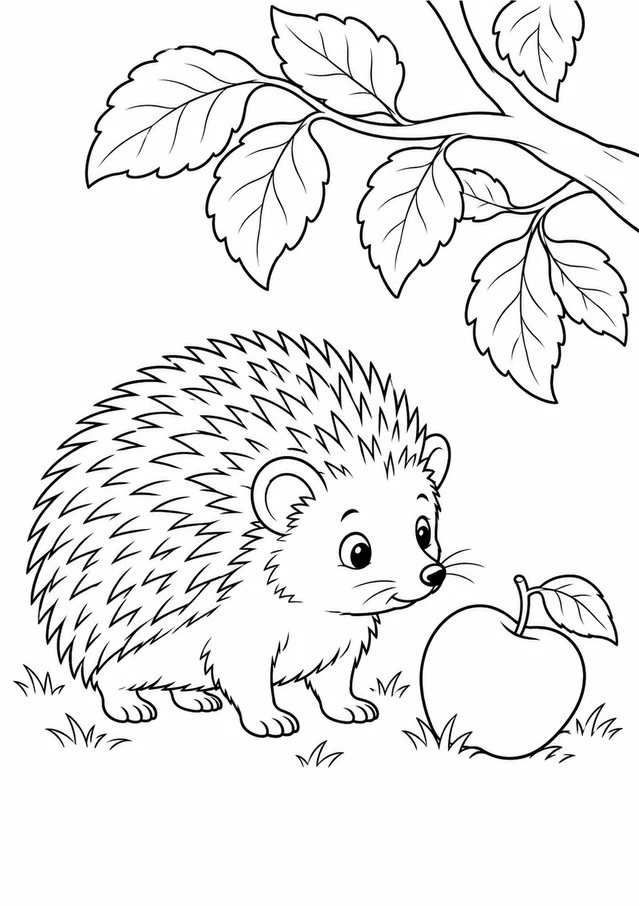Hérisson et pomme : dessin en noir et blanc à colorier