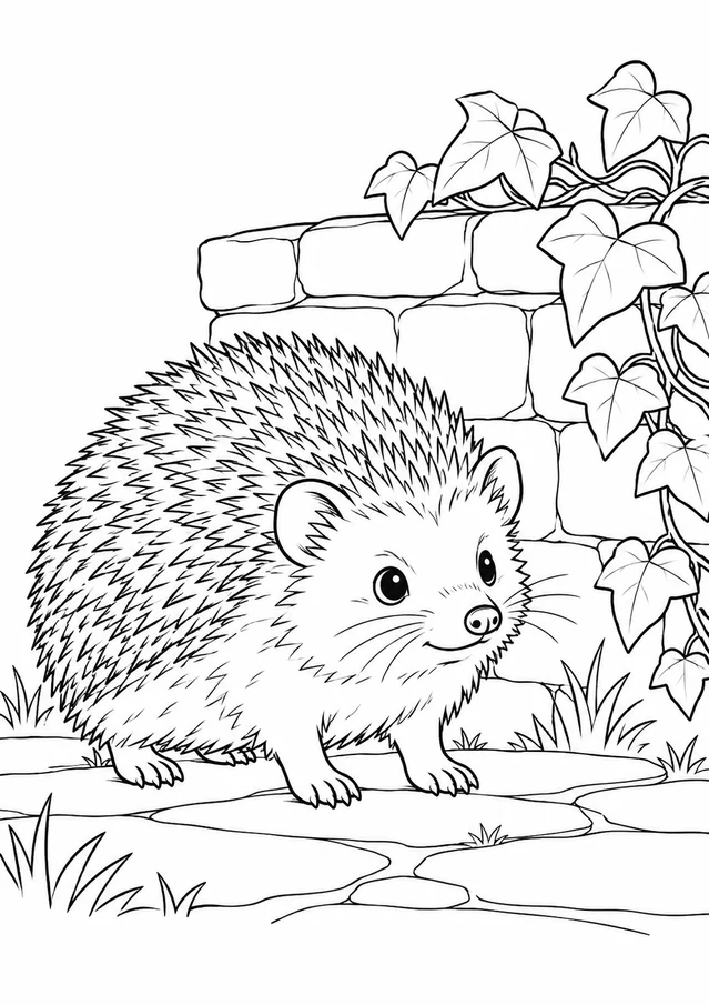 Hérisson près du vieux mur : dessin en noir et blanc à colorier