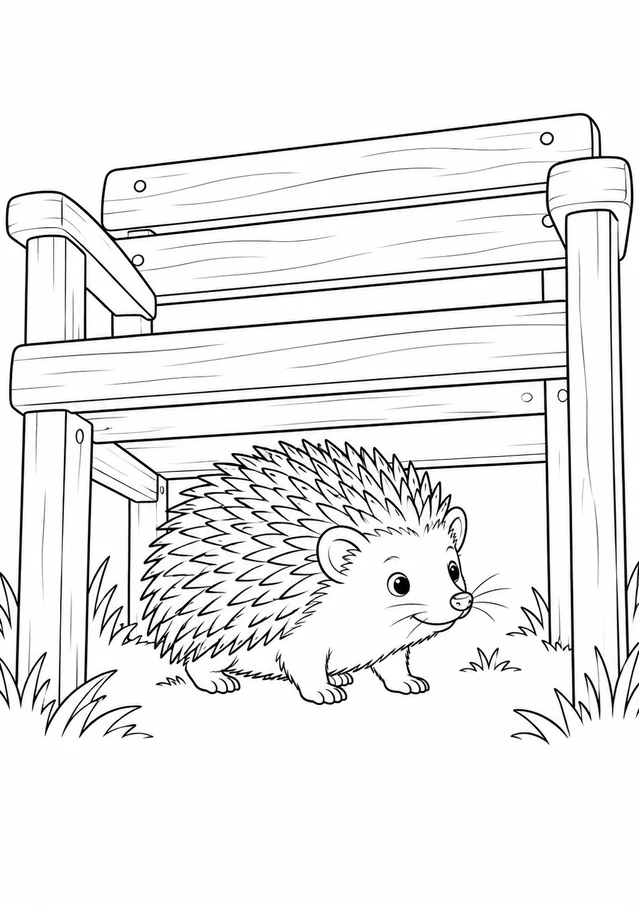 Hérisson sous le banc : dessin en noir et blanc à colorier