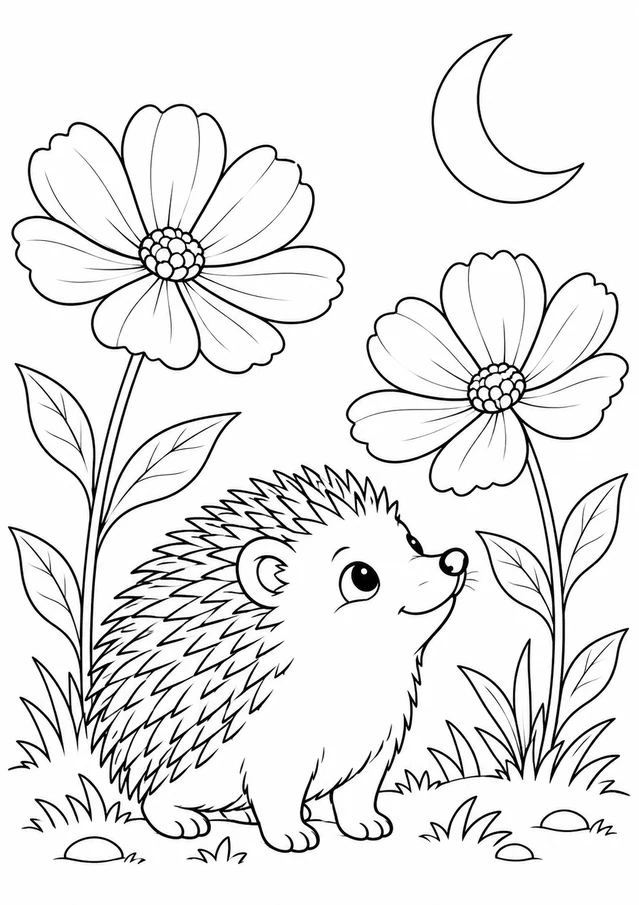 Hérisson au jardin du soir : dessin en noir et blanc à colorier