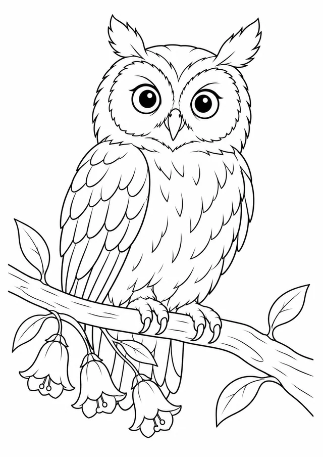 Hibou et clochettes : dessin en noir et blanc à colorier