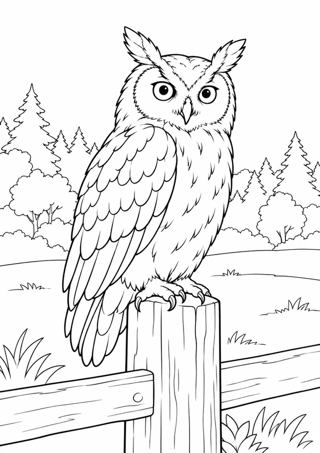 Hibou à la lisière : dessin en noir et blanc à colorier
