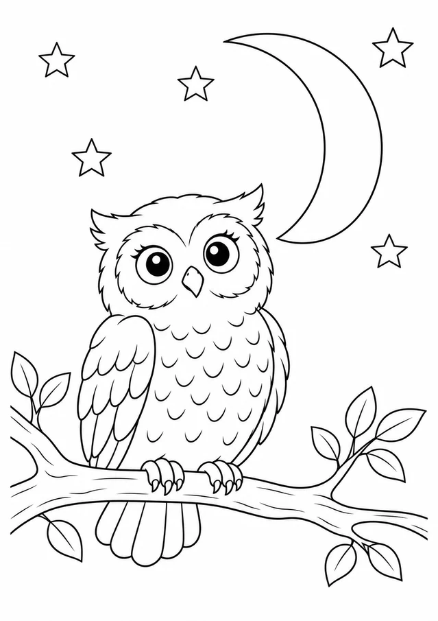 Hibou et croissant de lune : dessin en noir et blanc à colorier