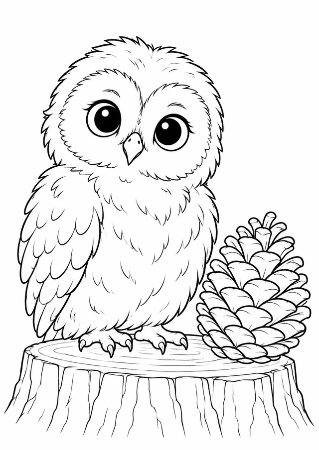 Petit hibou et pomme de pin : dessin en noir et blanc à colorier