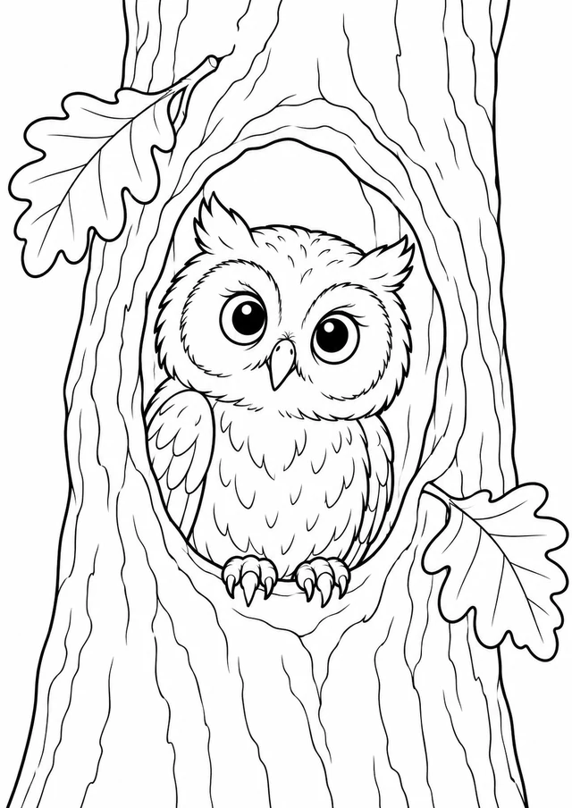 Hibou dans le chêne : dessin en noir et blanc à colorier