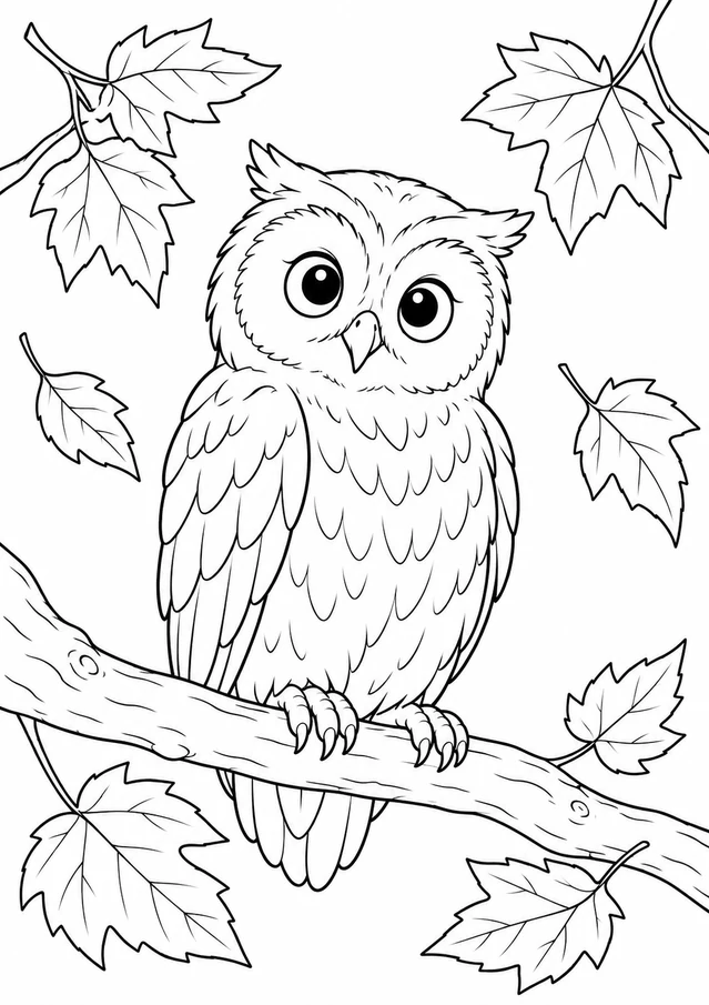 Hibou et feuilles d’automne : dessin en noir et blanc à colorier