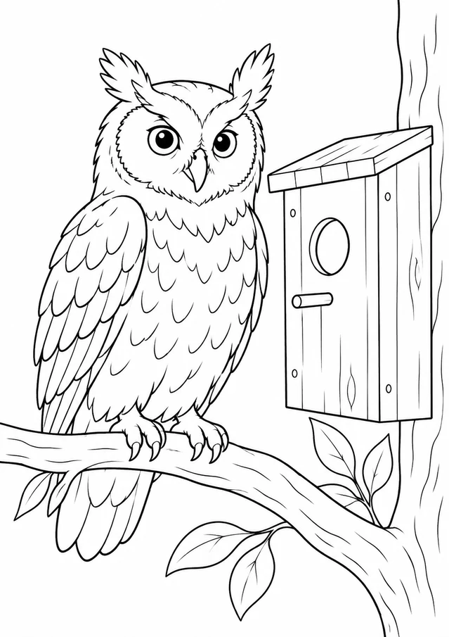 Hibou près du nichoir : dessin en noir et blanc à colorier