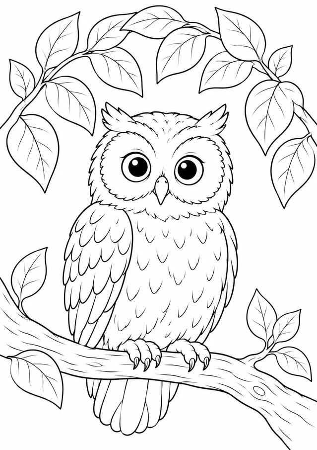 Hibou et guirlande de feuilles : dessin en noir et blanc à colorier