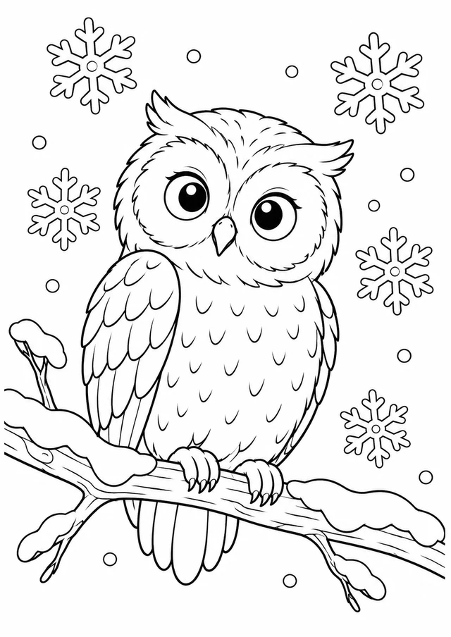 Hibou sous la neige : dessin en noir et blanc à colorier