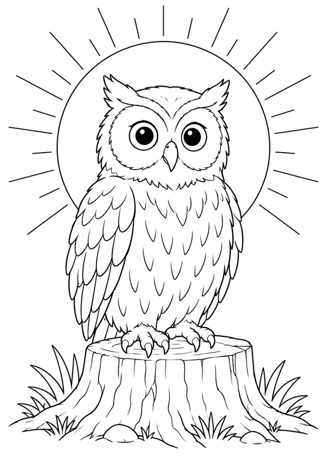 Hibou au lever du soleil : dessin en noir et blanc à colorier