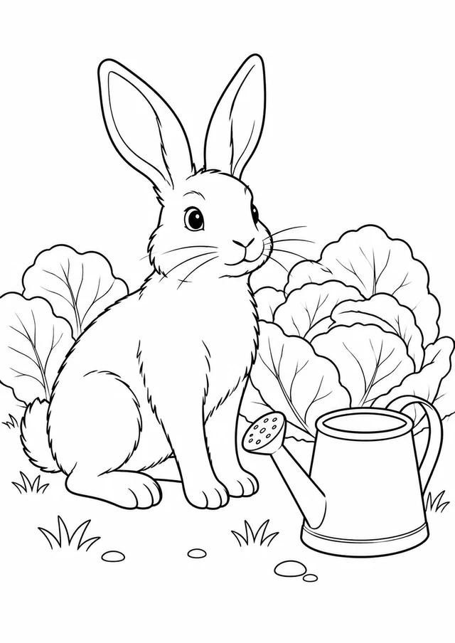 Lapin dans le potager : dessin en noir et blanc à colorier