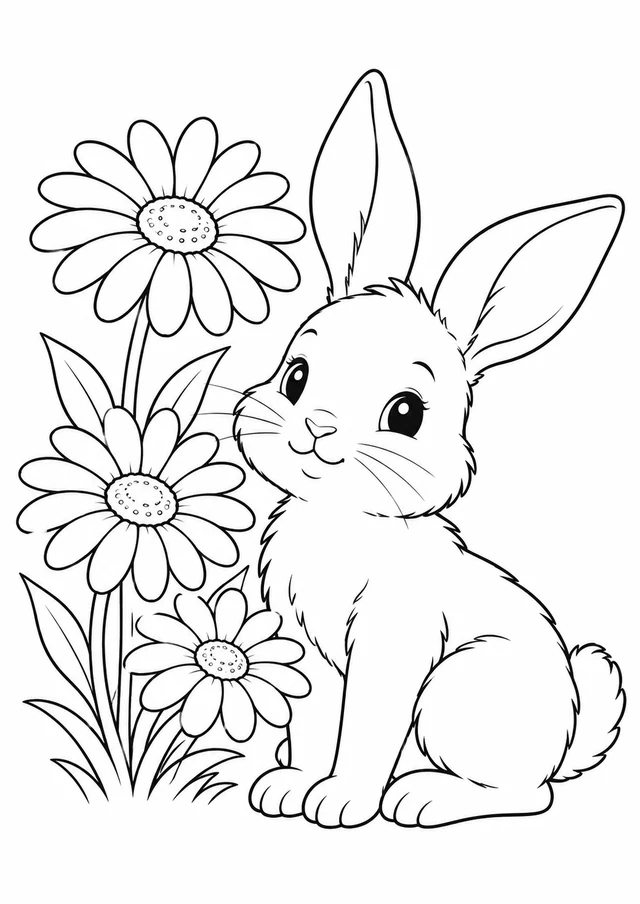 Lapereau et pâquerettes : dessin en noir et blanc à colorier