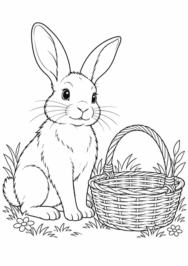 Lapin près du panier : dessin en noir et blanc à colorier