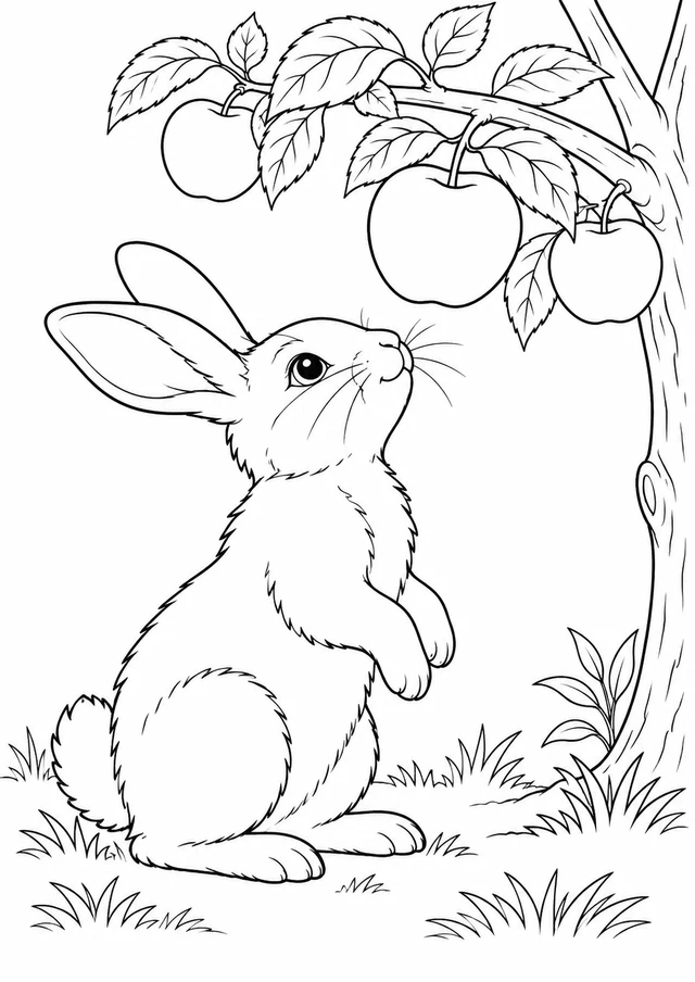 Lapin sous le pommier : dessin en noir et blanc à colorier