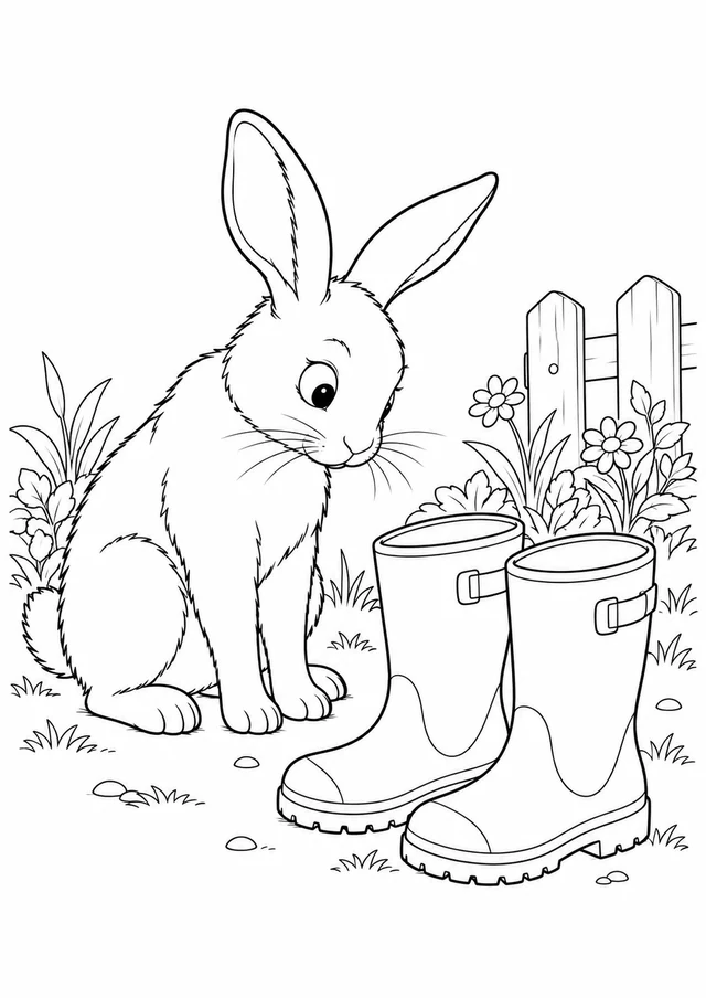Lapin et bottes de jardin : dessin en noir et blanc à colorier