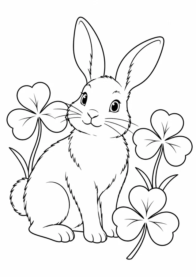Lapin dans le trèfle : dessin en noir et blanc à colorier