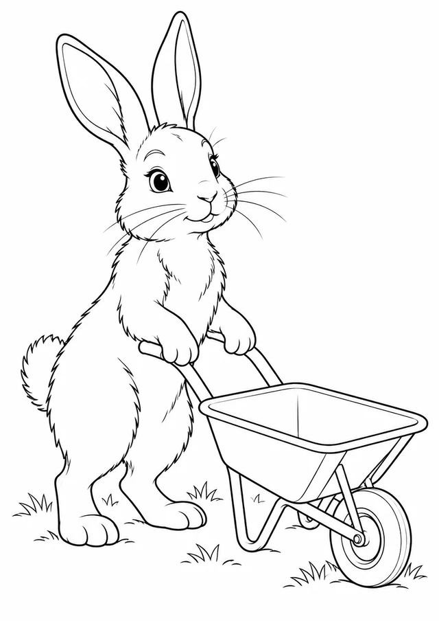 Lapin près de la brouette : dessin en noir et blanc à colorier