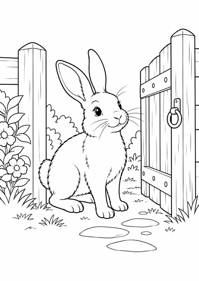 Lapin au petit portail : dessin en noir et blanc à colorier