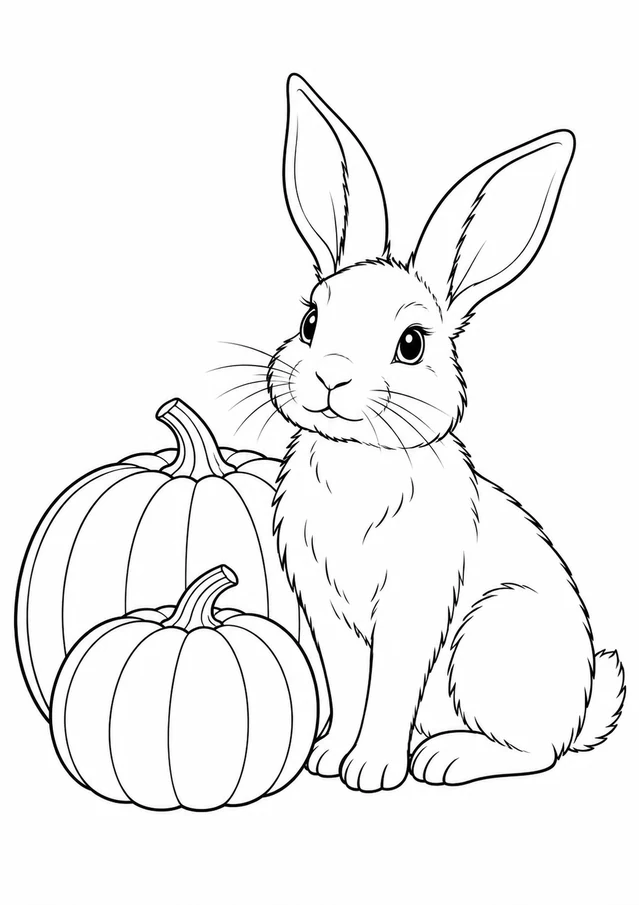 Lapin et citrouilles : dessin en noir et blanc à colorier