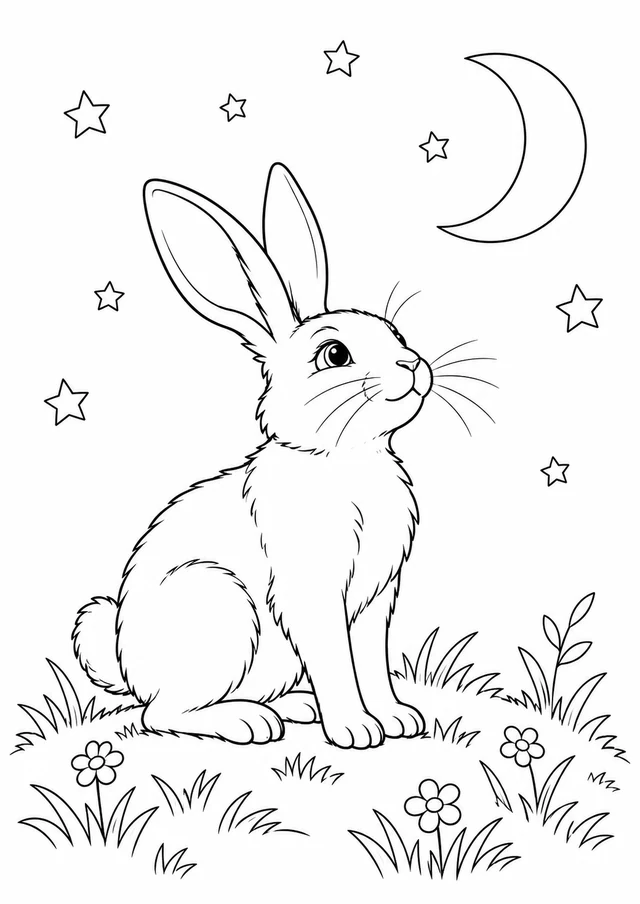Lapin sous les étoiles : dessin en noir et blanc à colorier