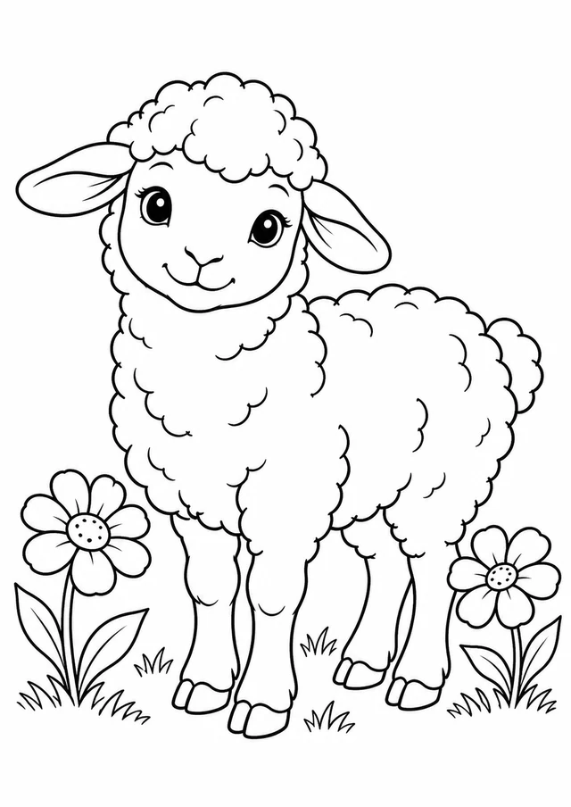 Mouton au pré : dessin en noir et blanc à colorier