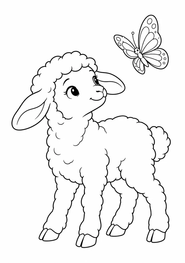 Agneau et papillon : dessin en noir et blanc à colorier