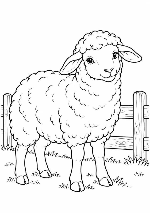 Mouton près de la barrière : dessin en noir et blanc à colorier