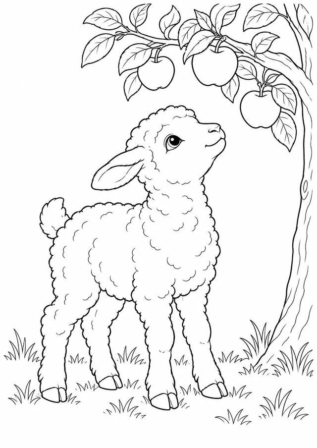 Agneau sous le pommier : dessin en noir et blanc à colorier