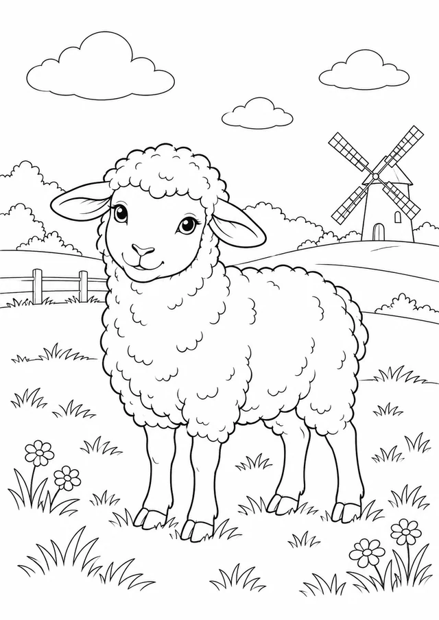 Mouton et moulin : dessin en noir et blanc à colorier