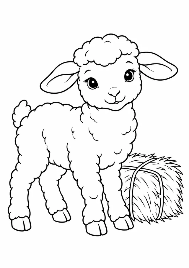 Agneau près de la botte de foin : dessin en noir et blanc à colorier