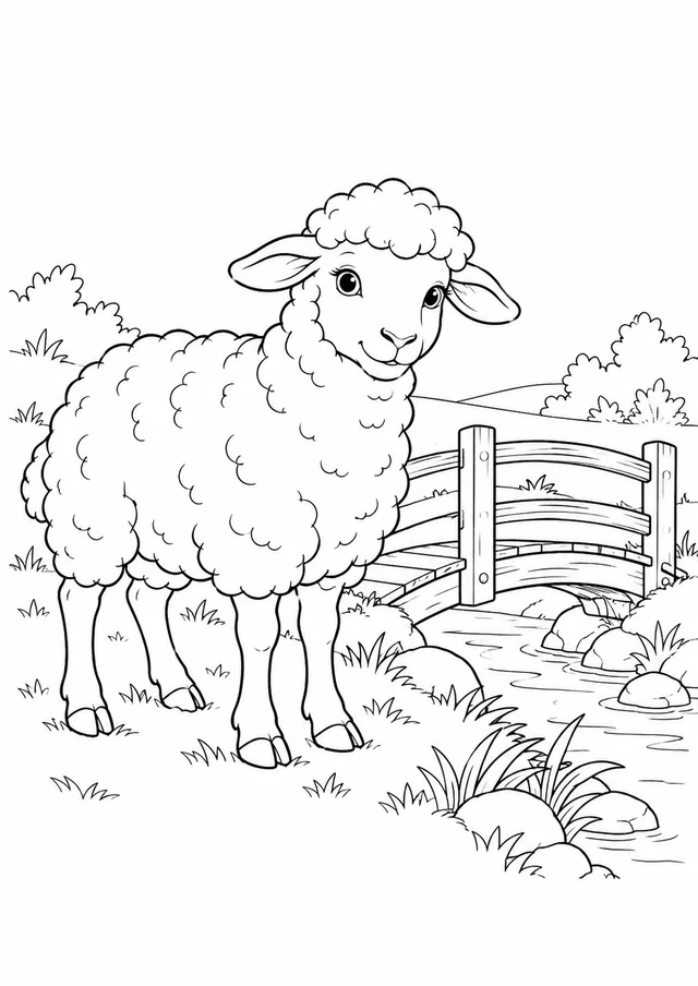 Mouton au petit pont : dessin en noir et blanc à colorier