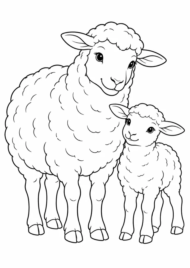 Mouton et son agneau : dessin en noir et blanc à colorier