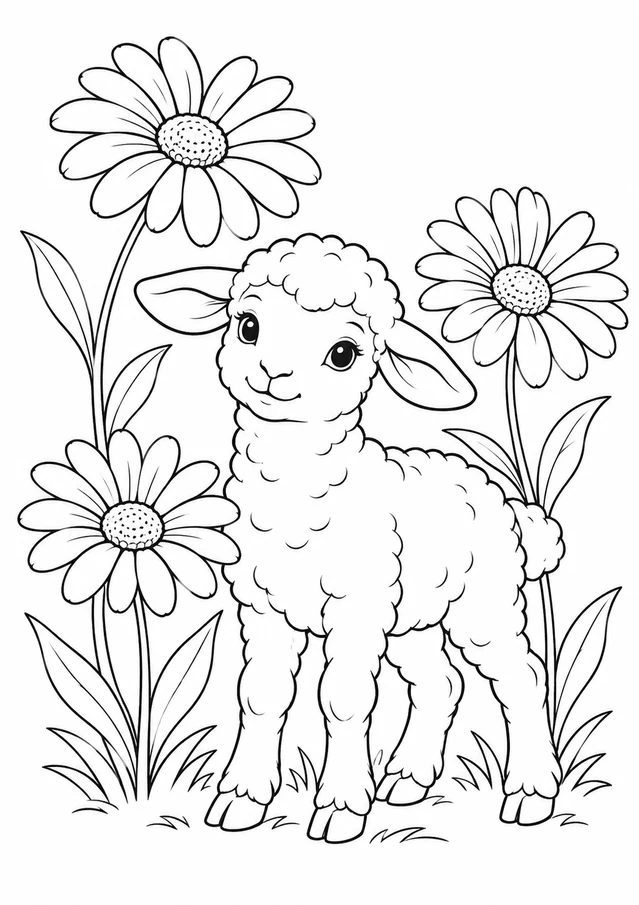 Agneau dans les pâquerettes : dessin en noir et blanc à colorier