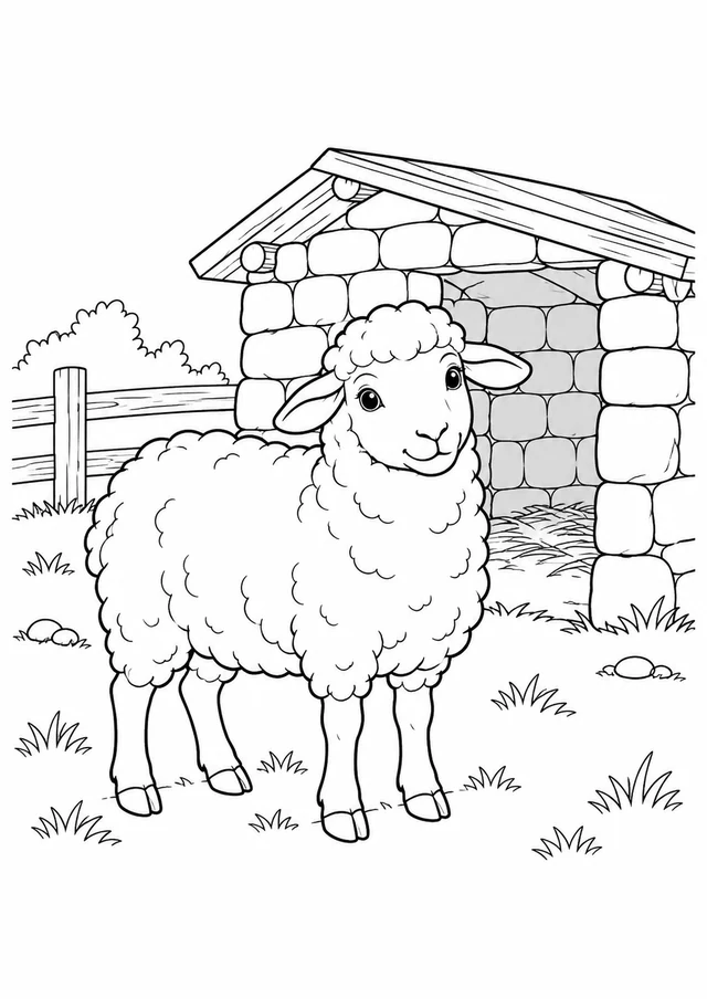 Mouton devant la bergerie : dessin en noir et blanc à colorier