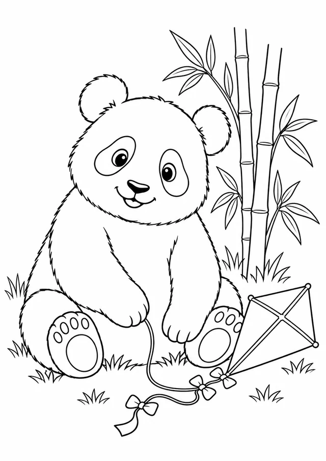 Panda et cerf-volant de feuilles : dessin en noir et blanc à colorier