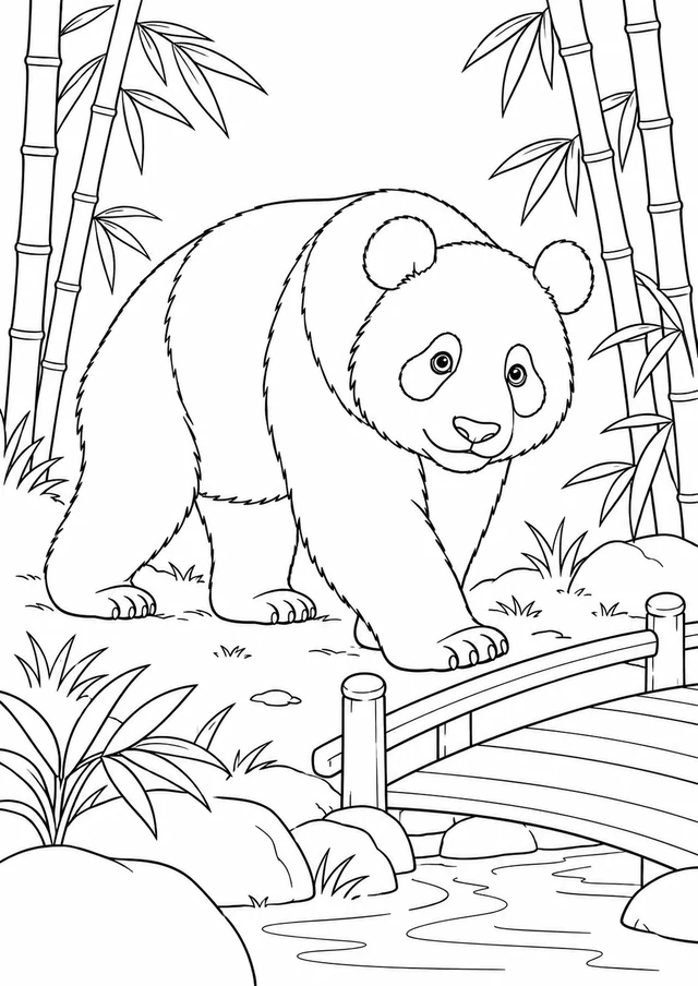 Panda au petit pont : dessin en noir et blanc à colorier