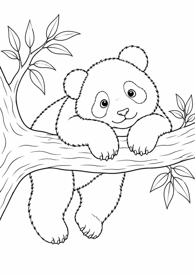 Petit panda sur la branche : dessin en noir et blanc à colorier