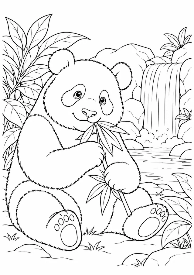 Panda près de la cascade : dessin en noir et blanc à colorier