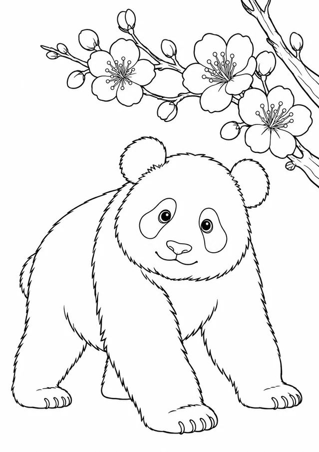 Panda et fleurs de prunier : dessin en noir et blanc à colorier