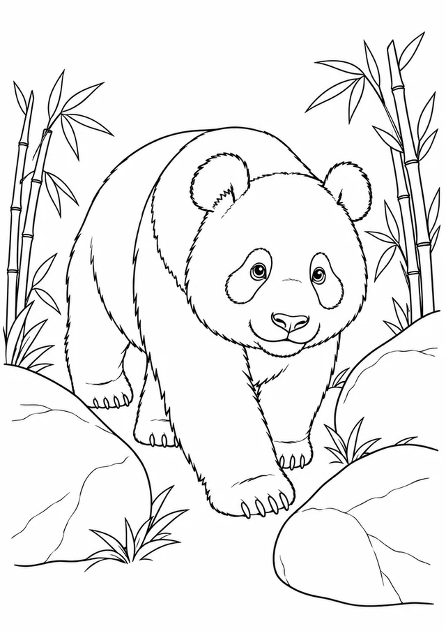 Panda près des rochers : dessin en noir et blanc à colorier