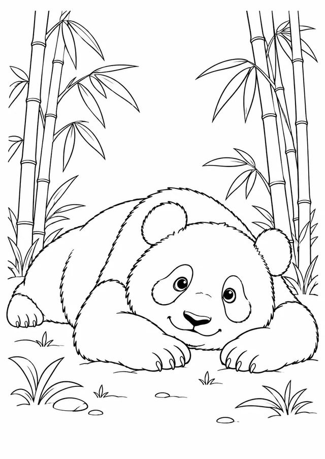 Panda au repos dans le bosquet : dessin en noir et blanc à colorier
