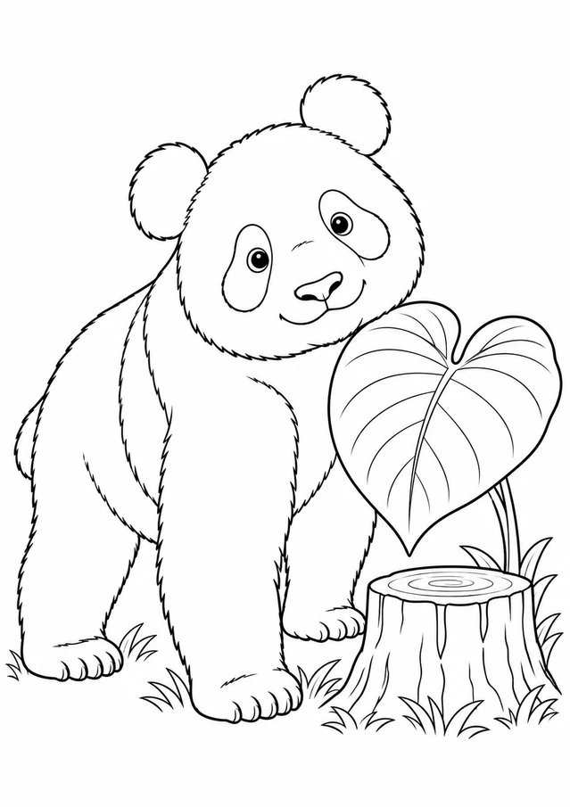 Panda et feuille géante : dessin en noir et blanc à colorier