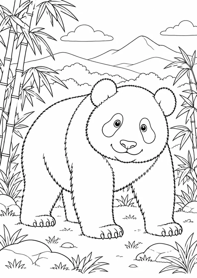 Panda dans la clairière : dessin en noir et blanc à colorier