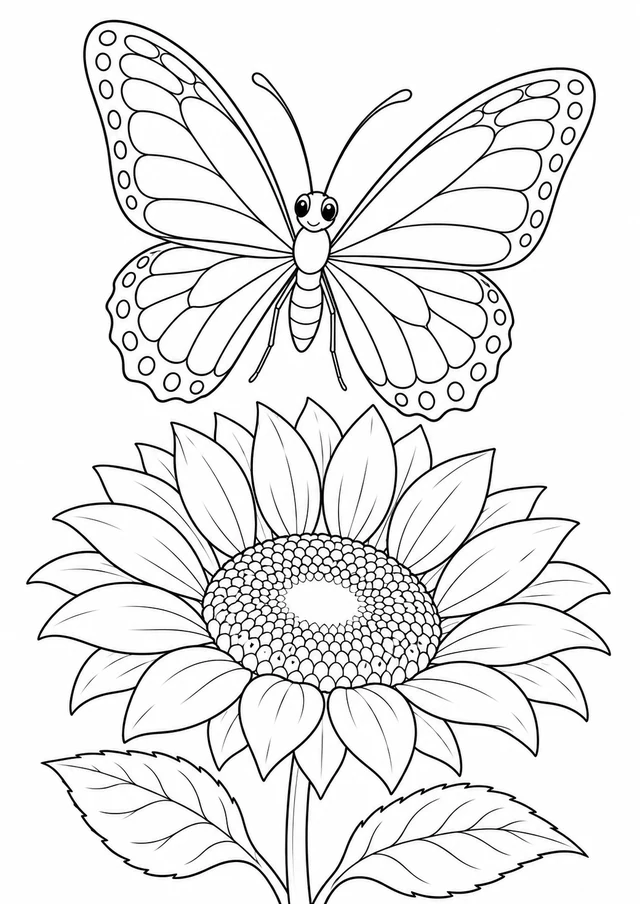 Papillon et tournesol : dessin en noir et blanc à colorier