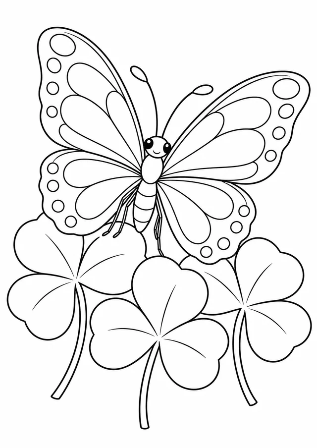 Papillon au jardin de trèfles : dessin en noir et blanc à colorier