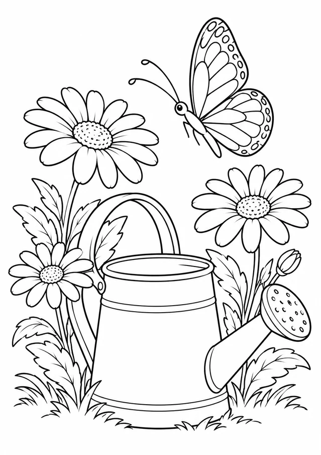 Papillon et arrosoir : dessin en noir et blanc à colorier